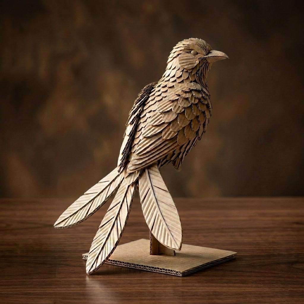 Bonus 2: finished corrugated cardboard bird sculpture on display stand