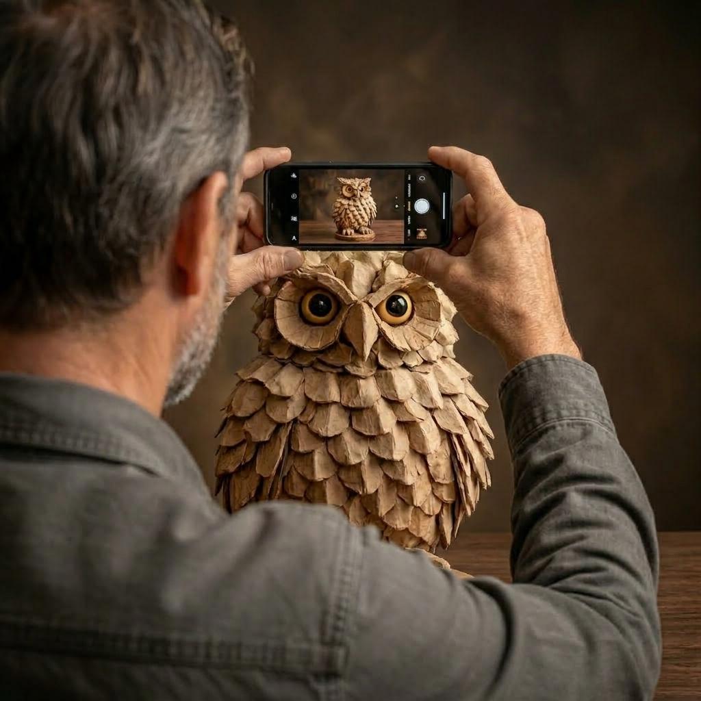 Bonus 3: hands photographing an egg carton owl with a phone, warm natural light