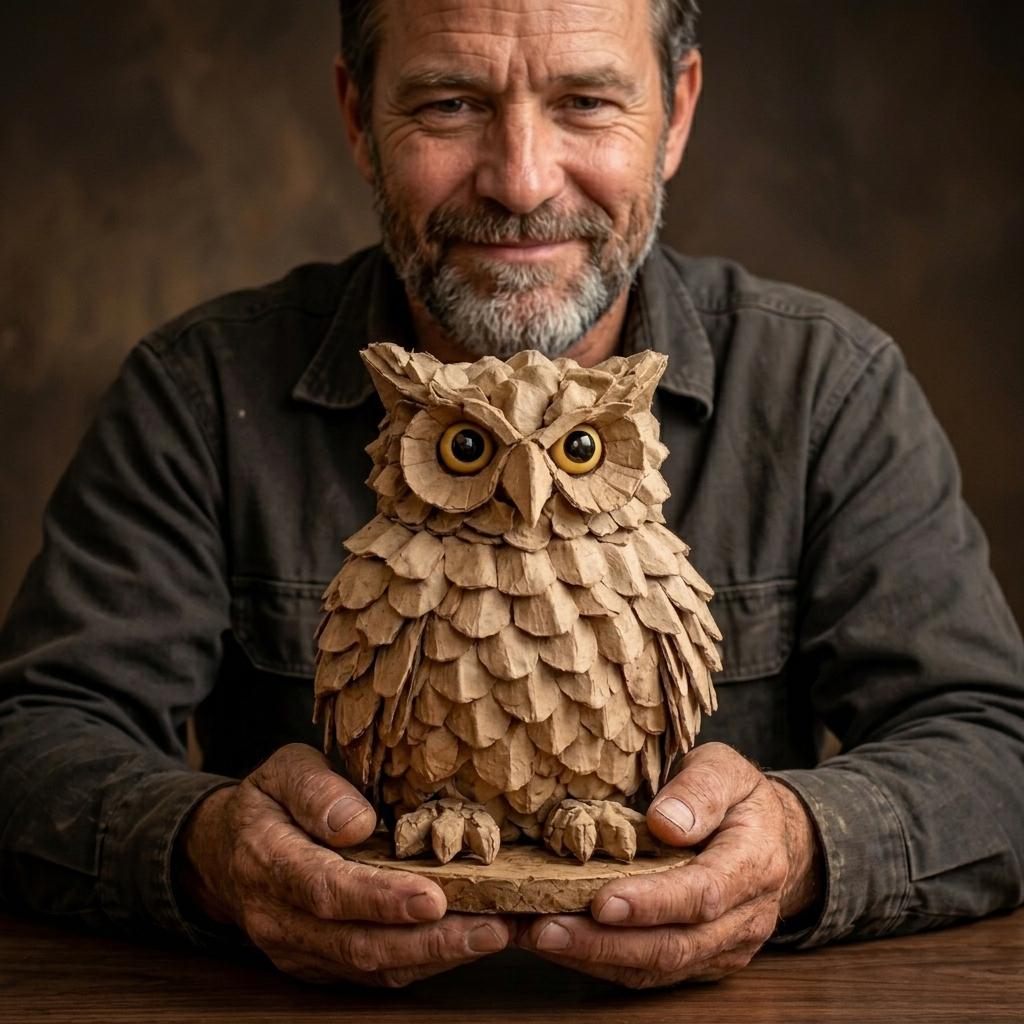 Joel, creator of The Egg Carton Sculpture Method, with a finished owl sculpture