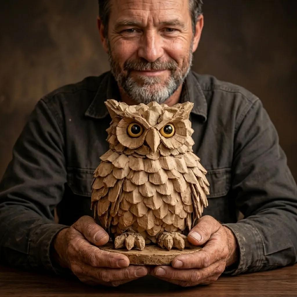 Joel, creator of The Egg Carton Sculpture Method, with a finished owl sculpture