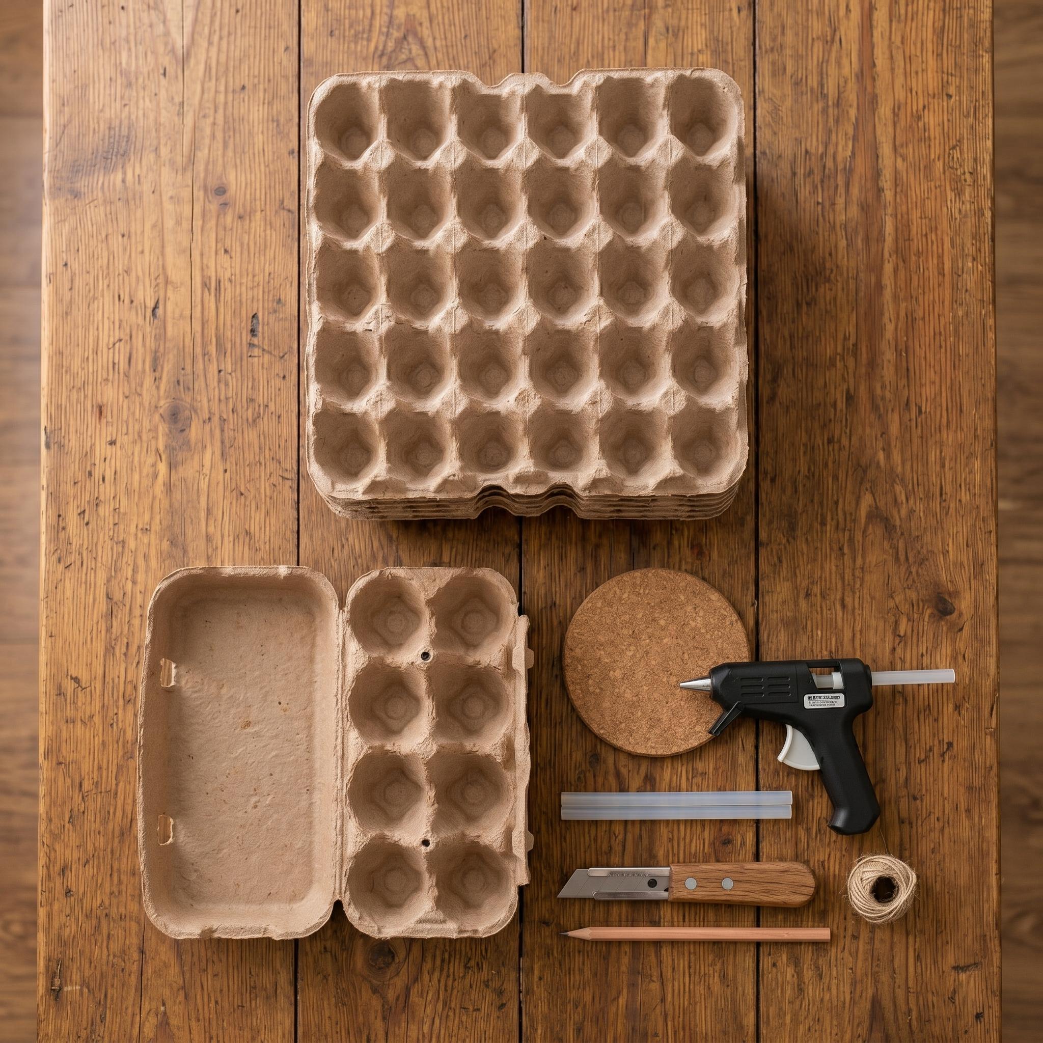 Module 1: egg carton materials, glue, and basic supplies laid out on a wooden surface