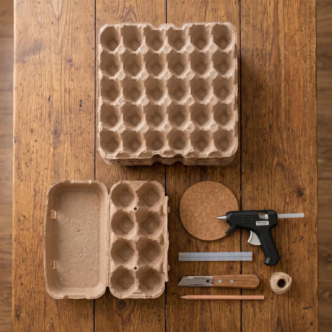 Module 1: egg carton materials, glue, and basic supplies laid out on a wooden surface