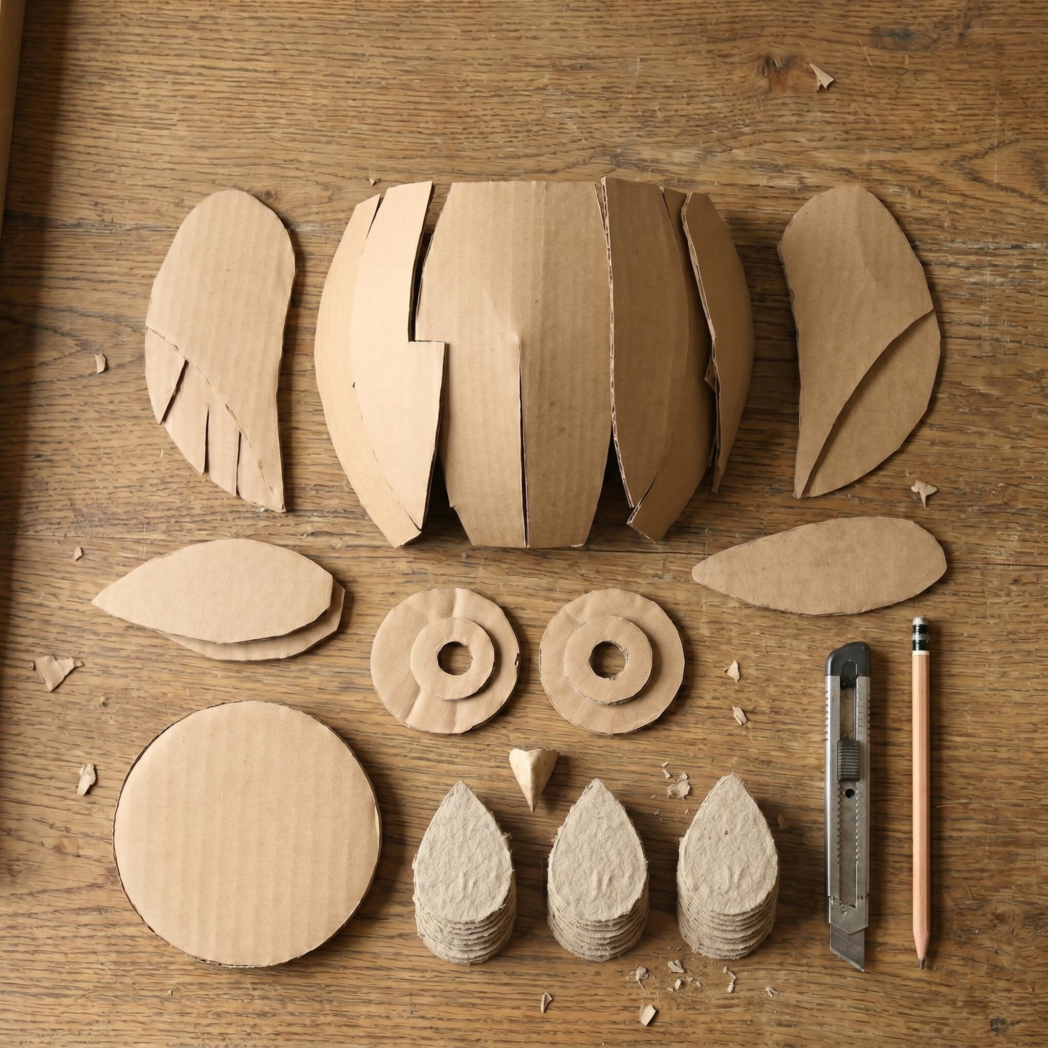 Module 2: structural cardboard shapes and egg carton feather pieces cut and sorted