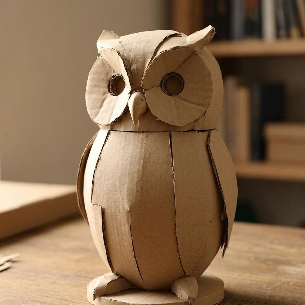 Module 3: assembled cardboard skeleton of the owl body, rounded and structural