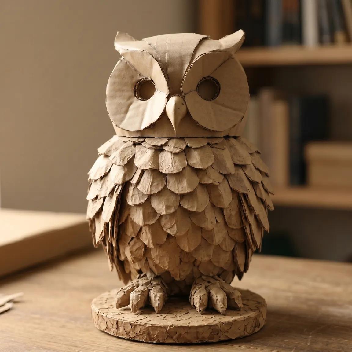 Module 4: egg carton feathers being applied row by row from the base of the owl upward